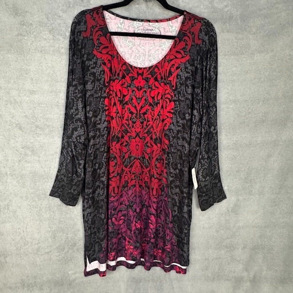 Soma Top Womens Large Red Soft Jersey Tunic Slits Tunic Stretch Comfort Lounge